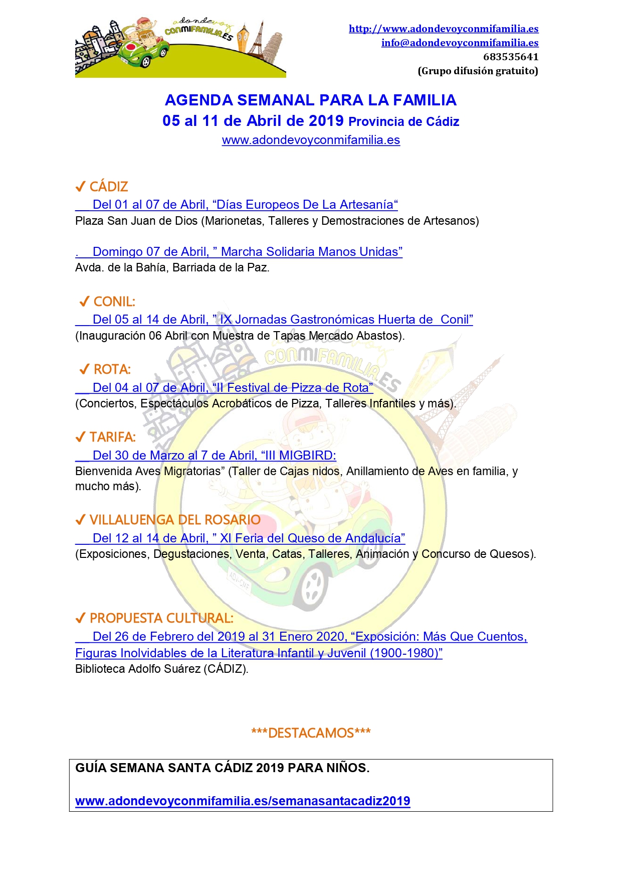 Agenda semanal familiar 5 al 11 abril 2019 Provincia de Cadiz Adondevoyconmifamilia