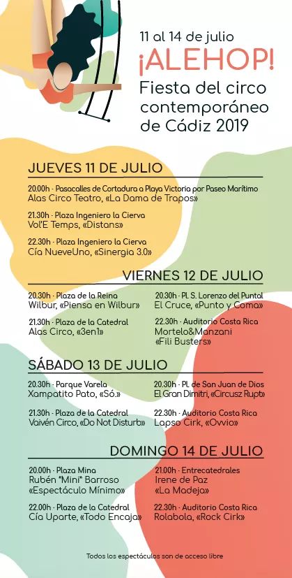 🤹 ALE HOP, LA FIESTA DEL CIRCO (CÁDIZ)🎉 Del 11 al 14 de Julio de 2019, "Ale hop, La Fiesta del Circo Contemporáneo" CÁDIZ Espectáculos de Pequeño, Mediano y Gran Formato en distintas Espacios de Cádiz.