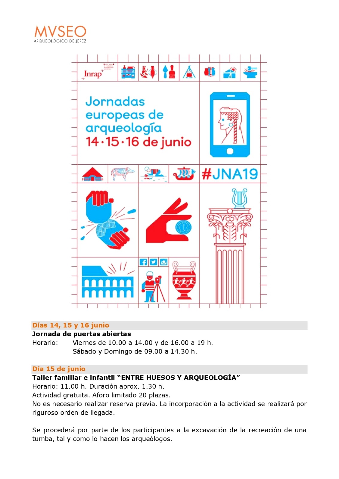 Sábado 15 de Junio 2019, "Taller Infantil y Familiar, Entre Huesos y Arqueología", Museo Arqueológico de Jerez 