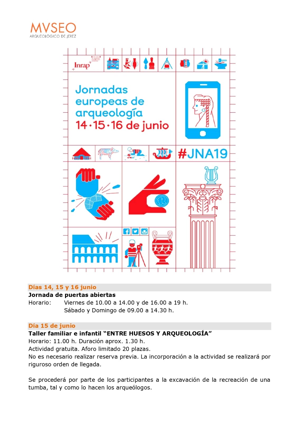 Sábado 15 de Junio 2019, "Taller Infantil y Familiar, Entre Huesos y Arqueología", Museo Arqueológico de Jerez